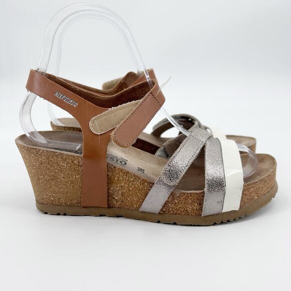 Mephisto Lesley Leather Cork Wedge Sandals Silver White Brown Womens EU 36 - Picture 7 of 9